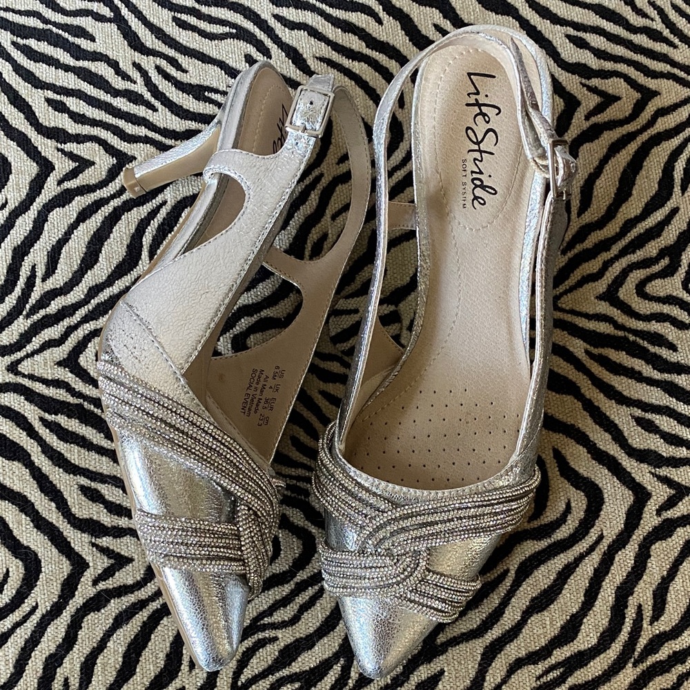 Life Stride Worn Once Metallic Slingback Heels Social Event Soft System 6.5